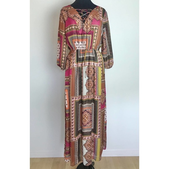 Pink & Brown Long Sleeve Maxi Dress Size Large - Picture 2 of 6
